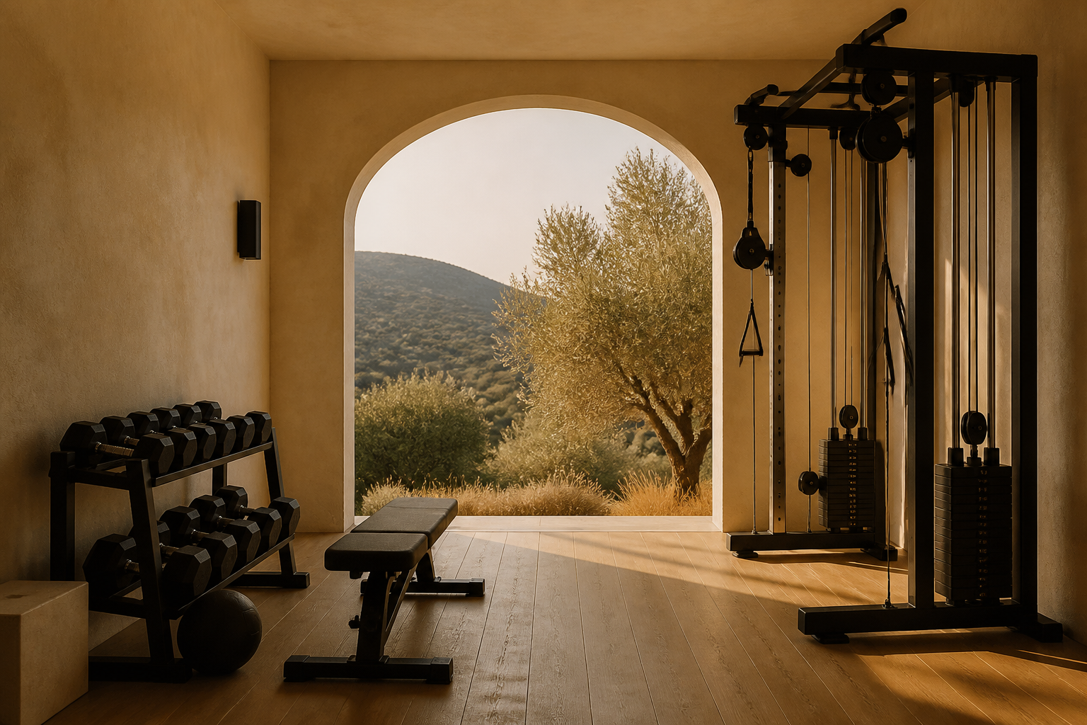 A sunlit gym with timber beams, arches opening to the garden, and black strength equipment