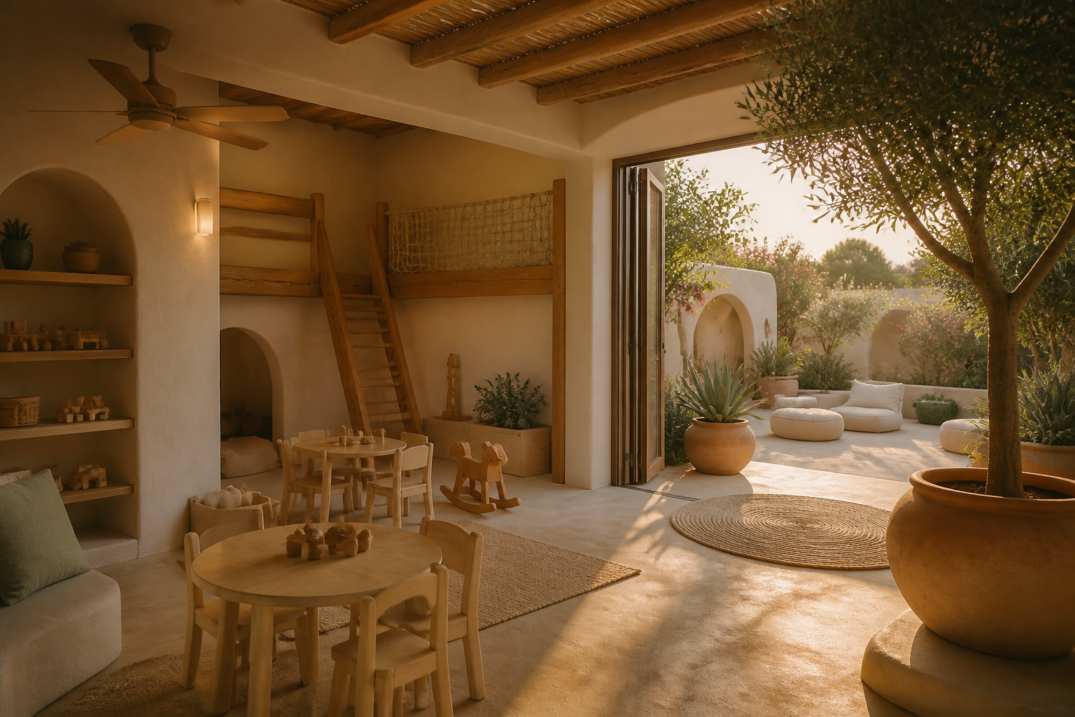 A calm kids club of wood, plaster, and an open courtyard