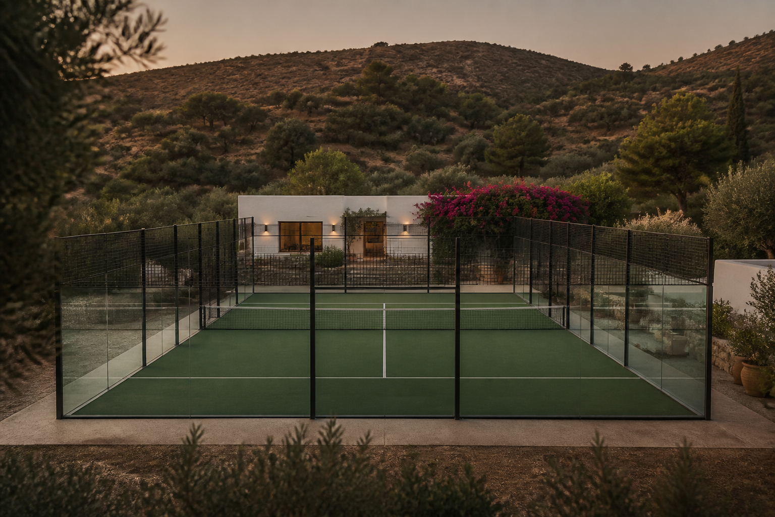 Two floodlit panoramic padel courts at twilight, with a garden lounge in the foreground