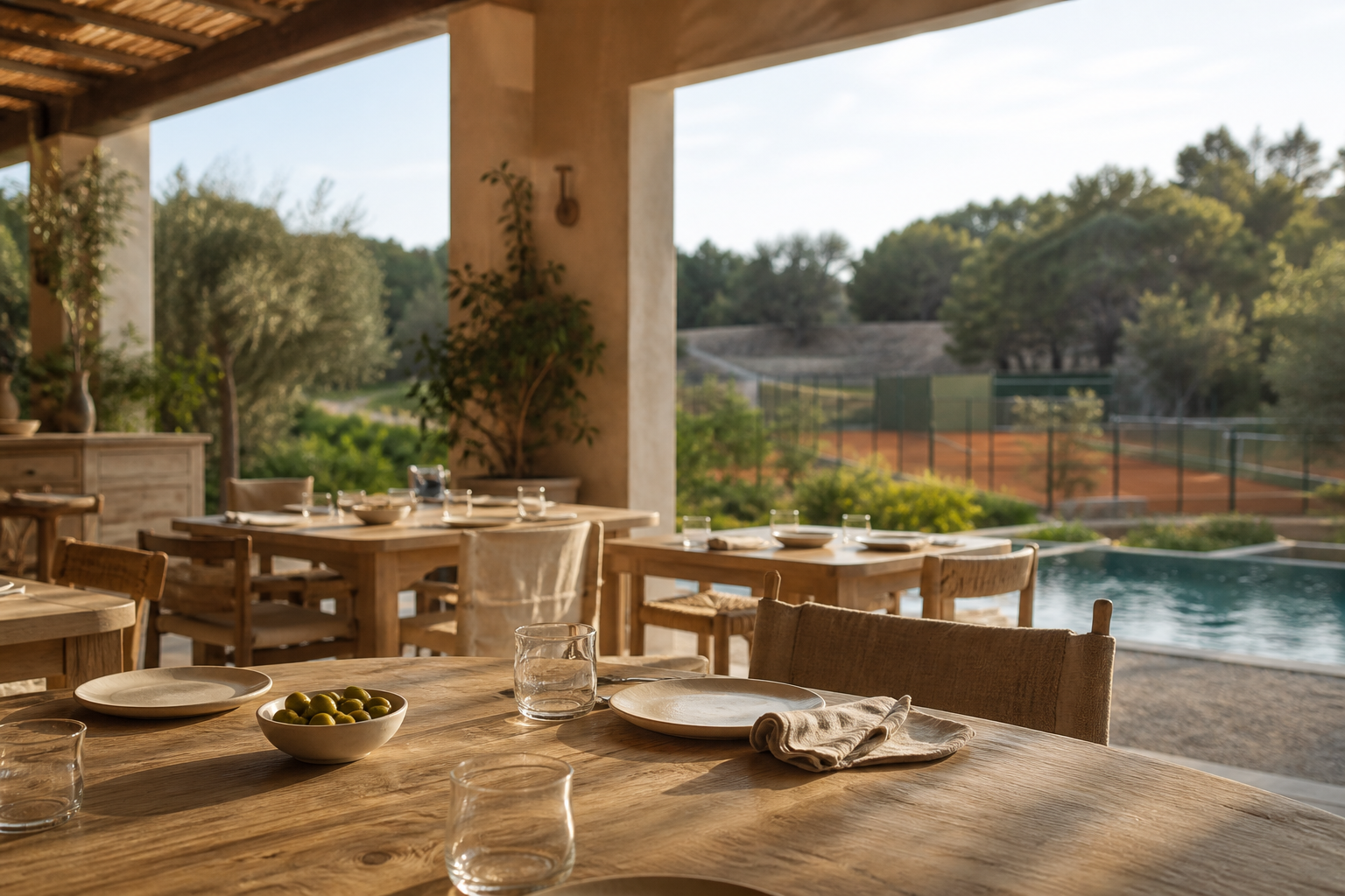 Informal restaurant terrace: a set wooden table under a timber pergola, with the pool and courts beyond