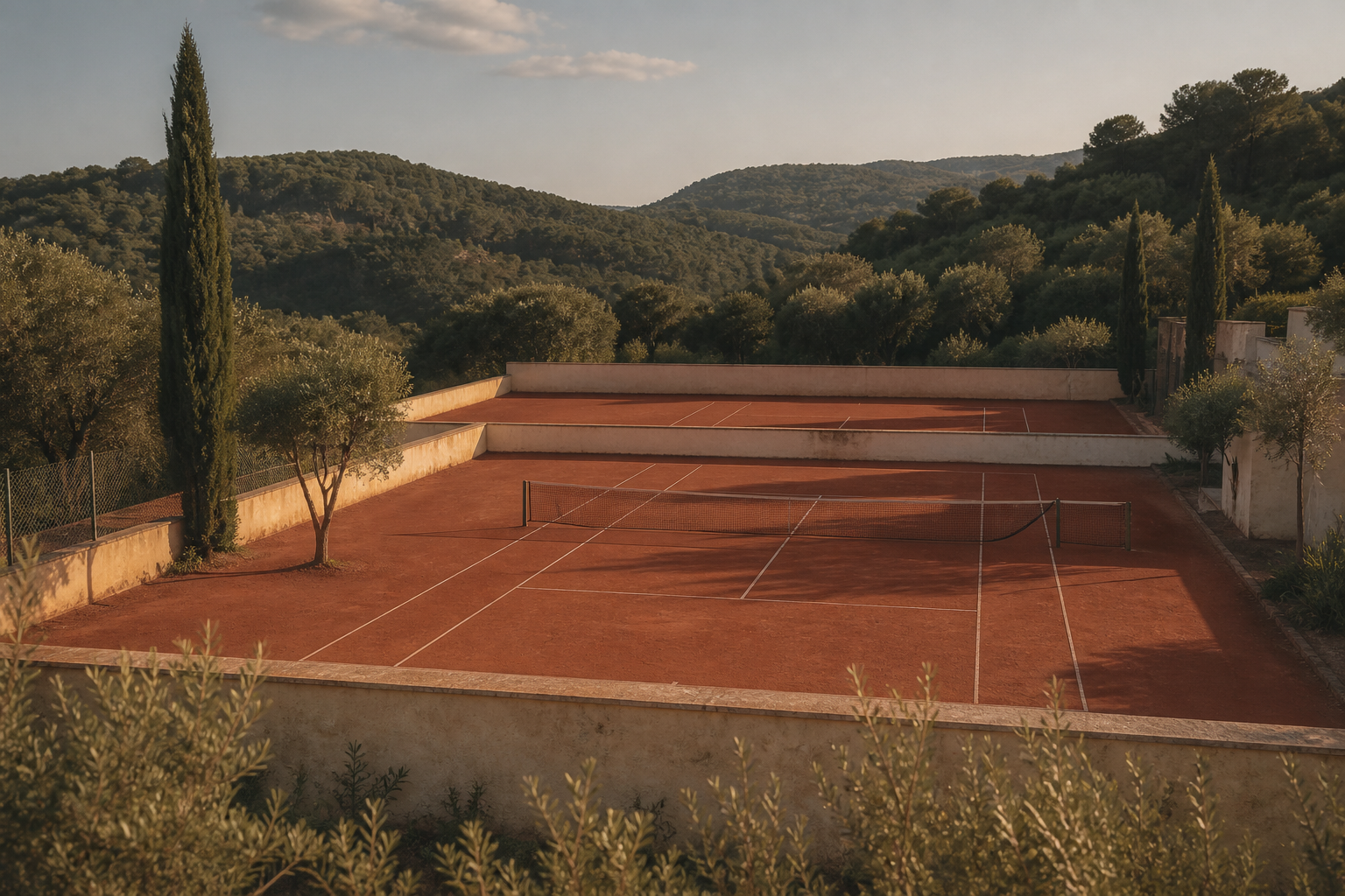 Clay tennis courts terraced into a Mediterranean hillside