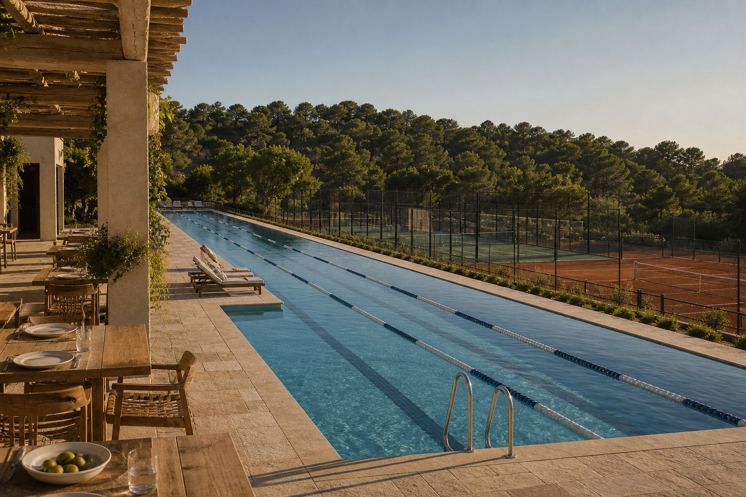 DLV Club at golden hour: restaurant terrace and lap pool looking out over padel and clay tennis